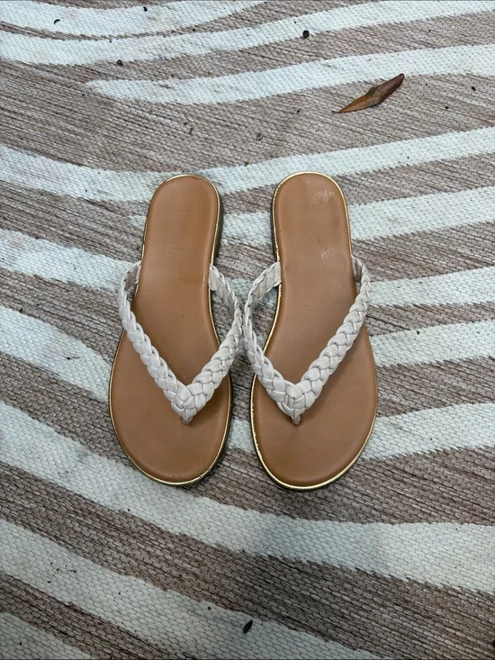Women’s White Braided-Strap Slide Sandals with Tan Footbed
