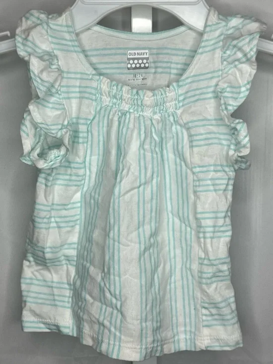 Old Navy White & Light Teal Striped Ruffle Sleeve Tee