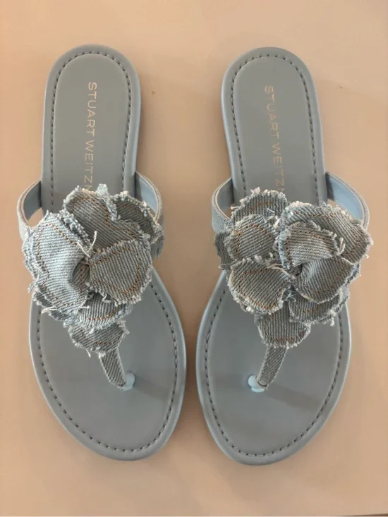 Stuart Weitzman Light Blue Floral Denim Thong Sandals NWT