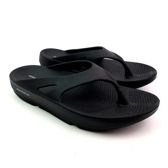 Aerosoles Mens Sz 8 Womens Sz 10 Black Slip On Recovery Thong Flip Flop Sandals