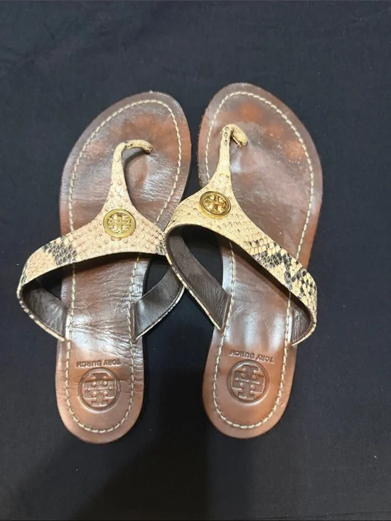 Tory Burch Brown Snakeskin-Pattern Thong Sandals with Gold Logo