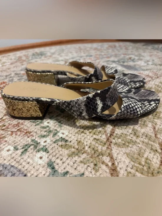 J. Crew double strap snakeskin sandal with gold glitter heel. Size 7.5.