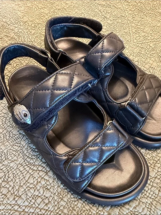 Kurt Geiger Black Quilted Leather Sandals with Silver Button Accent
