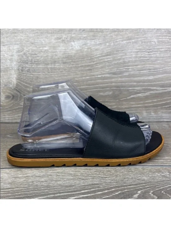 Sorel Black Slide Leather Sandals with Tan Sole