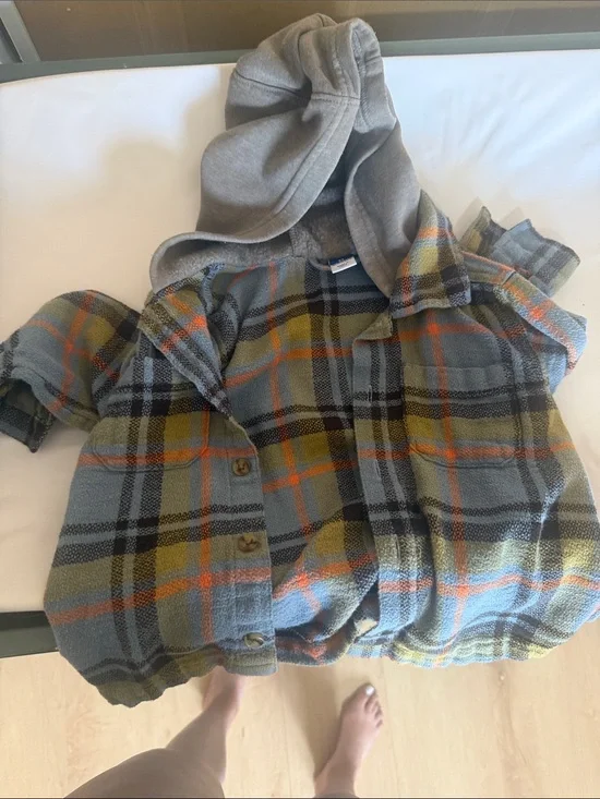 Old Navy Kids Plaid Hooded Button-Down Shirt Jacket - Gray, Olive & Orange