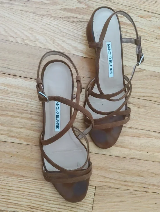 Manolo Blahnik Women's Atrita Strappy Suede Block Heel Sandals 37.5