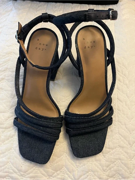 a new day Dark Blue Denim Strappy Block Heel Sandals