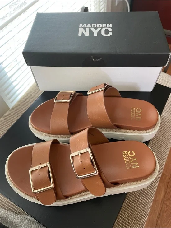 Madden NYC Women's Tan Double-Buckle Slide Sandals