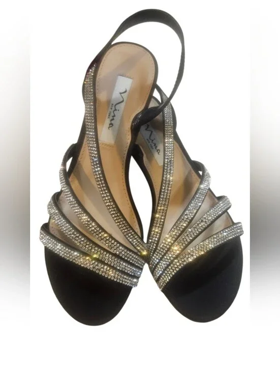 Nina Black Crystal-Strap Slingback Sandals 2
