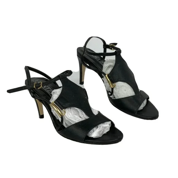 Arantza Sandals Womens Sz 7.5 Black‎ Leather T Strap Stiletto Heels