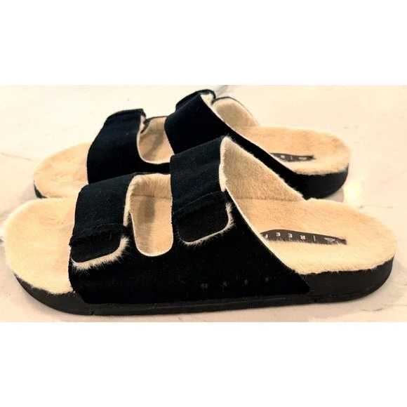 REEF BLACK OJAI TWO BAR COZY SUEDE/ FAUX FUR PLATFORM SANDALS, US 9