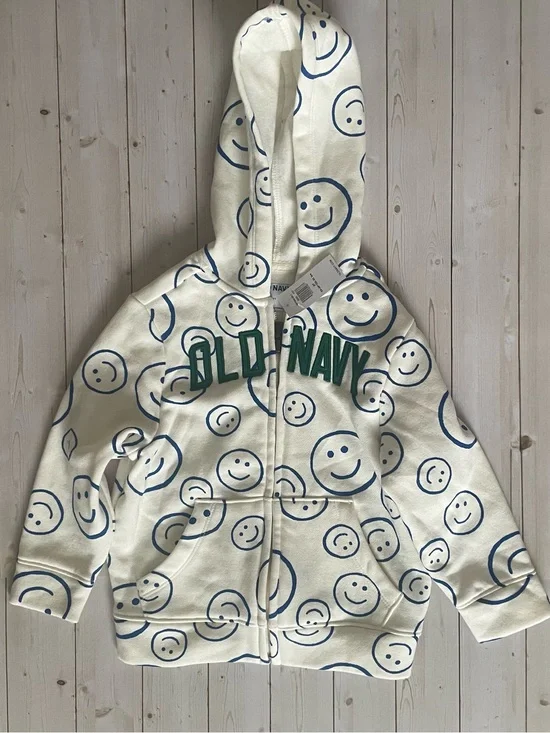 Old Navy Cream Zip Hoodie with Blue Smiley Print and Green Logo