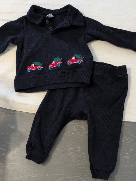Navy Baby Two-Piece Knit Bottoms Set with Red Truck Embroidery