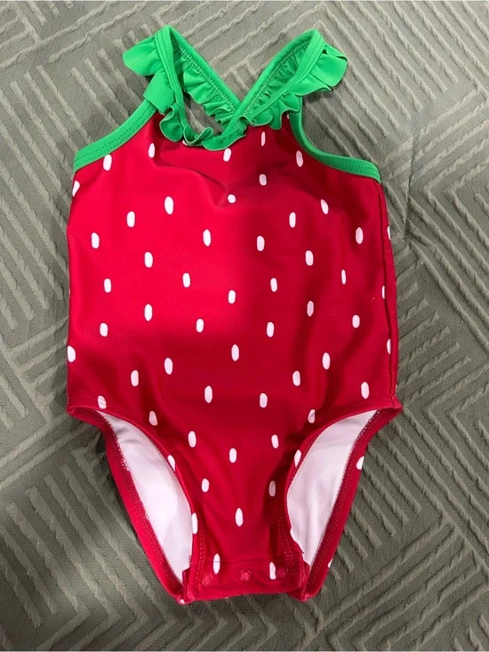 Old Navy Red Strawberry One-Piece Swimsuit with Green Ruffle Straps