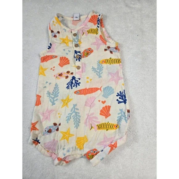 Old Navy Baby Sea Life Fish Cotton Gauze Bubble Romper Cream 18-24 Months