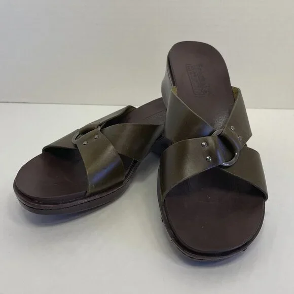Timberland Sandals Women’s Sz 7.5 Olive Green Leather Strap Slides Smart Comfort