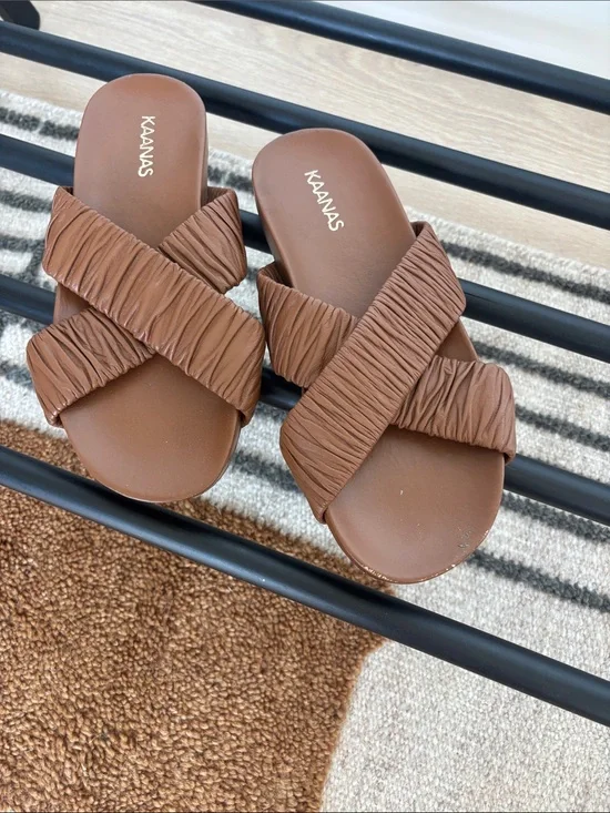 Kaanas Cognac Ruched Cross-Strap Slide Sandals