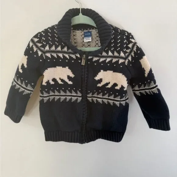 Old Navy Black & Cream Bear Zip Knit Sweater Jacket