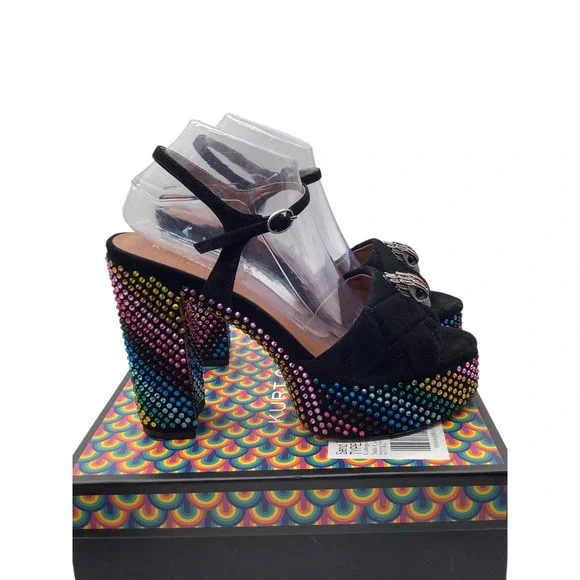 Kurt Geiger London Kensington Platform Sandals Black Suede Rainbow Rhinestone