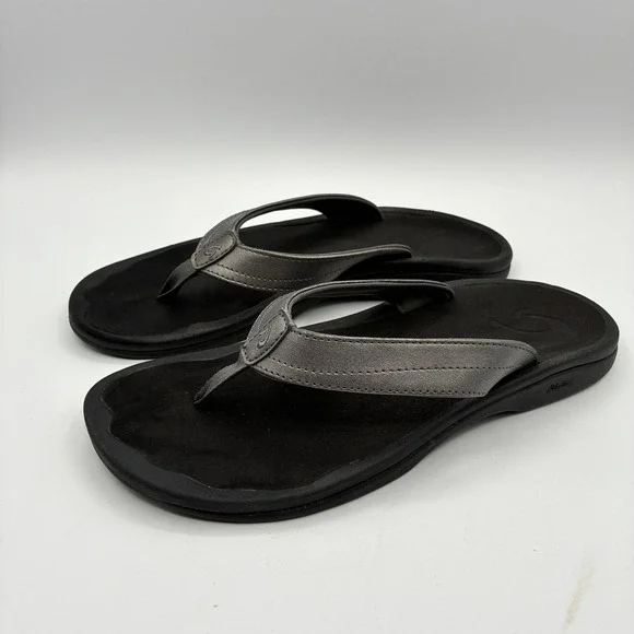 OluKai Ohana Flip Flop Sandals Women 9 EU 39Pewter Metallic Faux Leather Comfort