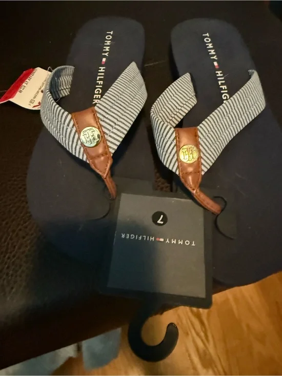 Tommy Hilfiger Navy and Brown Striped Strap Women’s Flip Flops