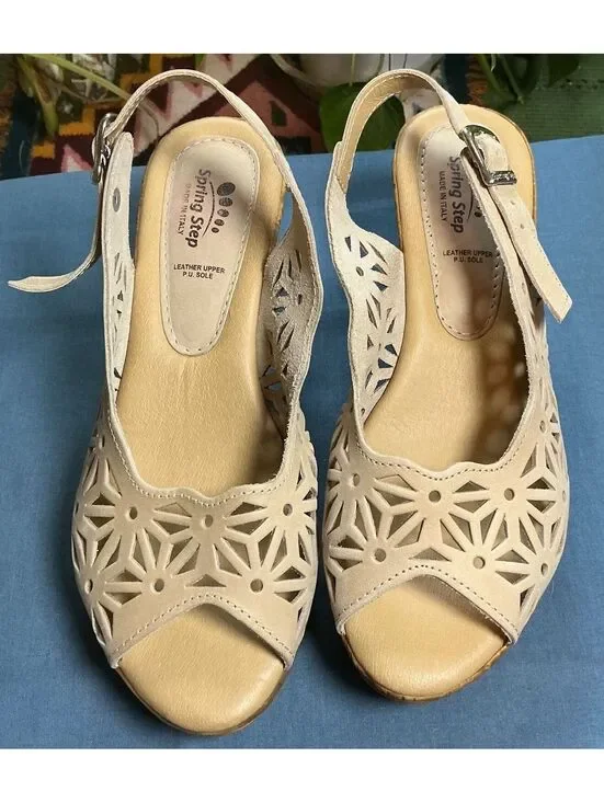 Spring Step Leather Sandals Women's Size 38 US 7.5 Beige Wedge Comfort Open Toe