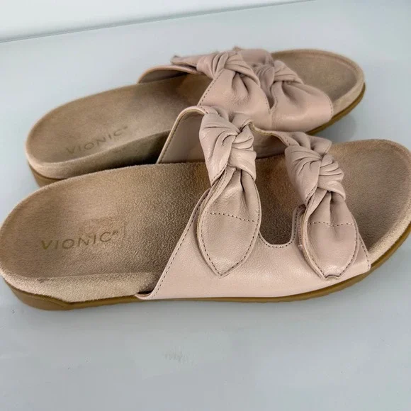Vionic Elara Slide Sandals Womens 8.5 Pink Leather Knotted Adjustable Straps