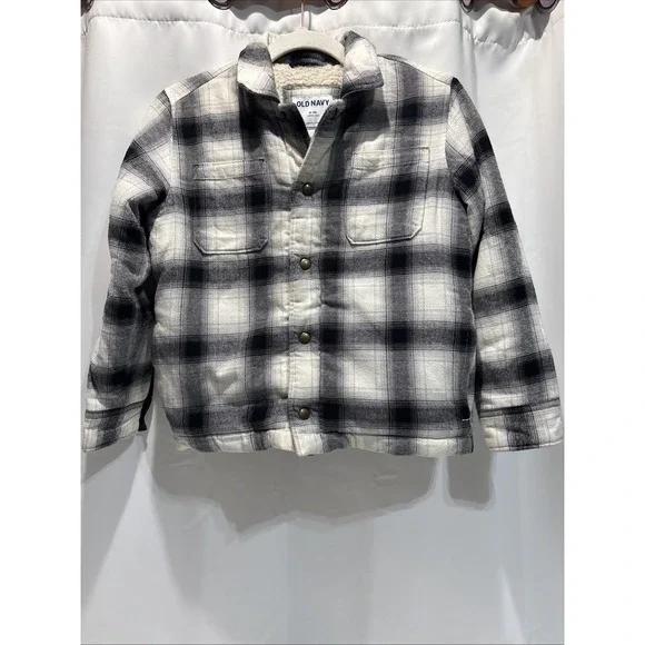 Old Navy Flannel Shirt Jacket Kids Medium 8 White Black Plaid Sherpa Lined