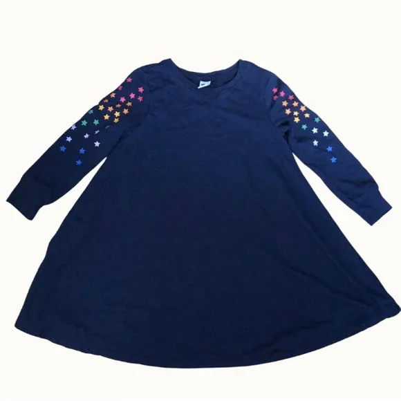 Artsy Lofi Rainbow Star Shoulder‎ Navy Blue Long Sleeve Babydoll Dress size 5T