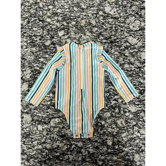 Old Navy Striped Ruffle Trim Rashguard One Piece Swimsuit Girls 6-12M Multicolor