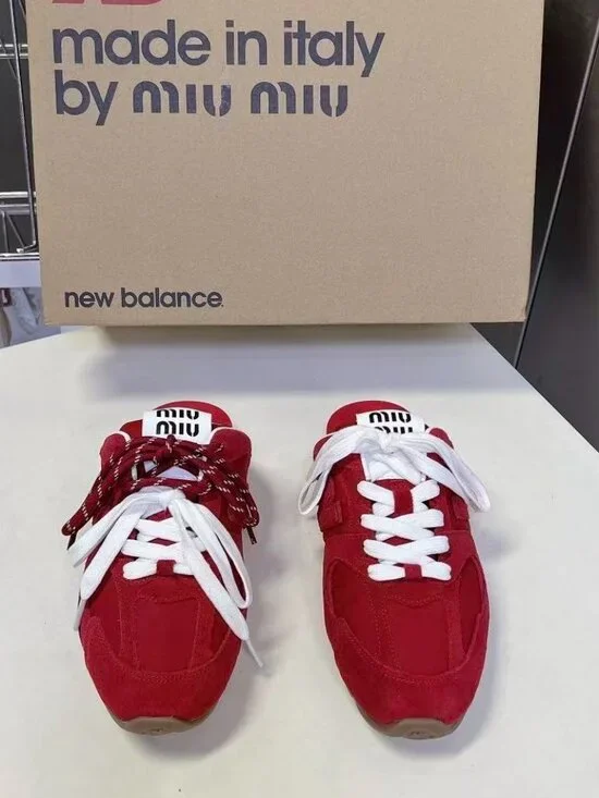 New Balance × Miu Miu 530 SL Red Suede Mule Sandals