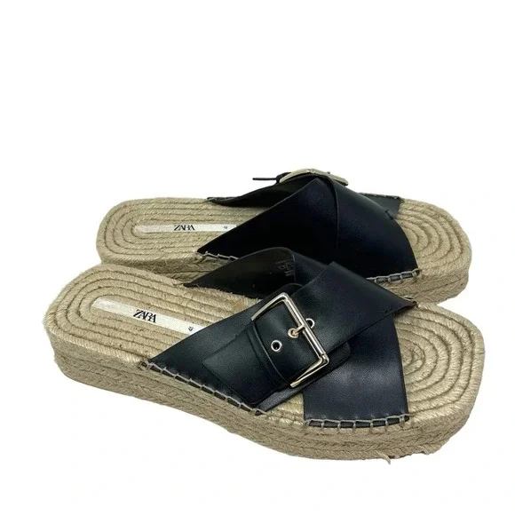 Zara Black Leather Buckle Espadrille Jute Slide Sandals Size‎ 41 / US 10.5