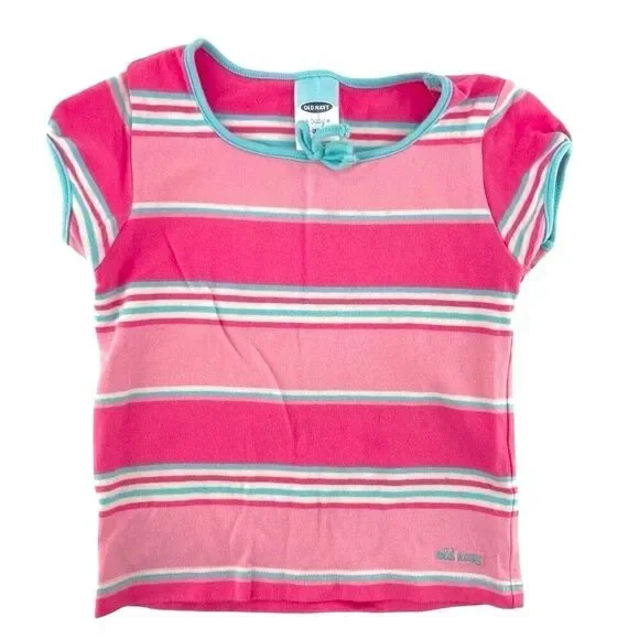 Vintage Old Navy Toddler Girls Tee – Pink & Blue Striped, Size 3T