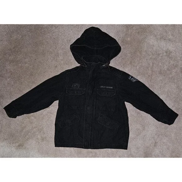 Old Navy Black Denim Jacket Full Zip Hooded Boys XS Airlift Command Halloween