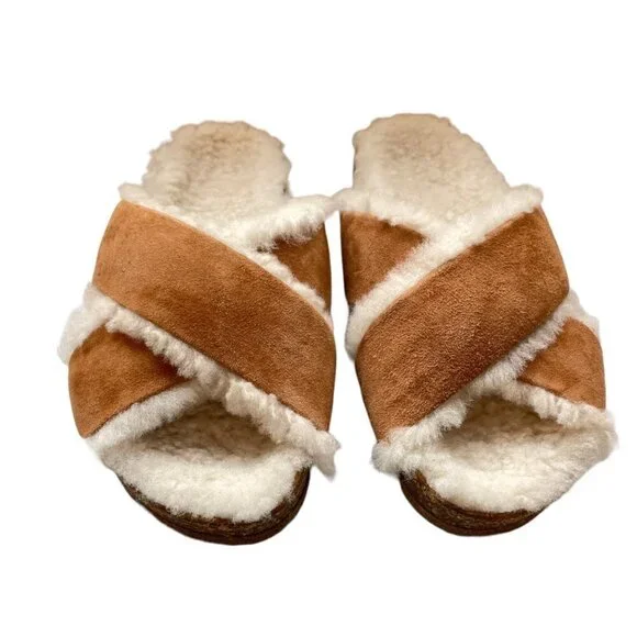 NWOT Jenni Kayne Shearling-Lined Suede Crossover Sandal Saddle Size 37