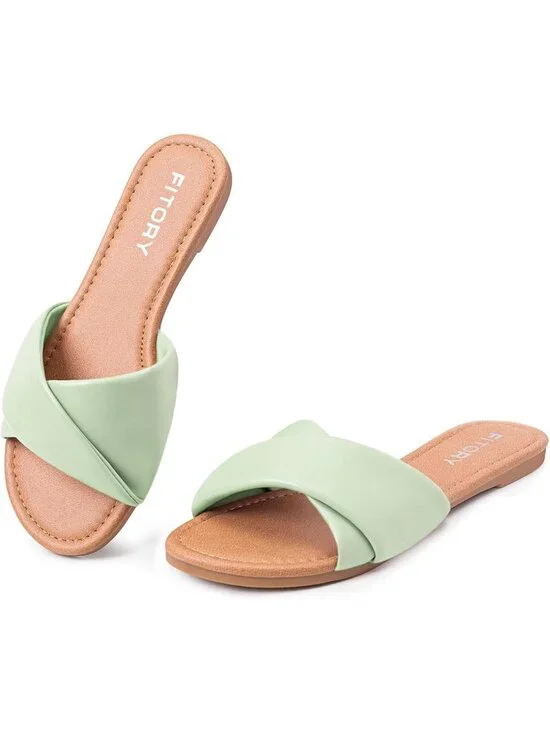 Women Light Green Flat Sandals Fashion Slides With Soft Leather Slippers Casual