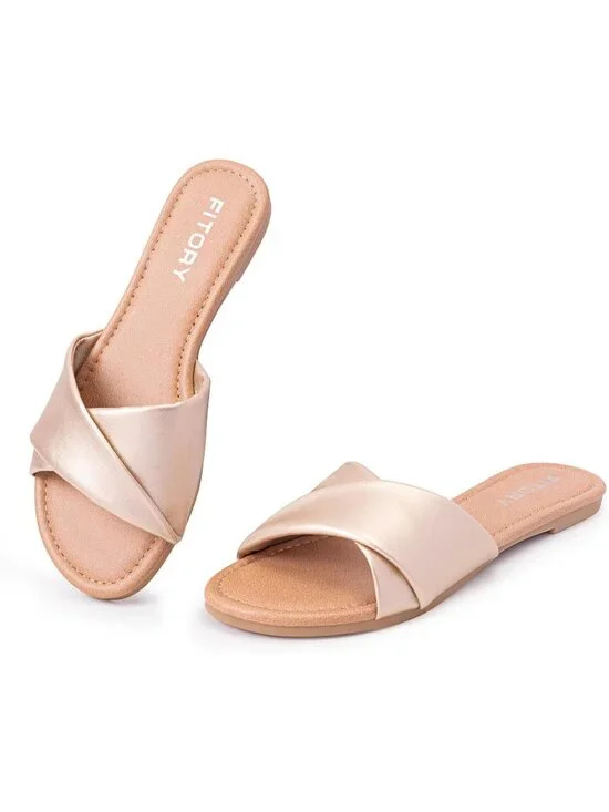 Women's Gold Flat Sandals Fashion Slides With Soft Leather Slippers Casual