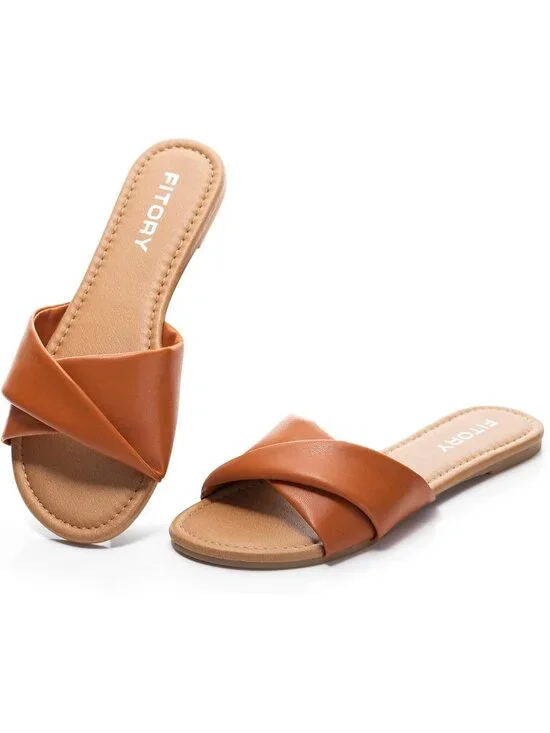 Women's Brown Flat Sandals Fashion Slides With Soft Leather Slippers Casual