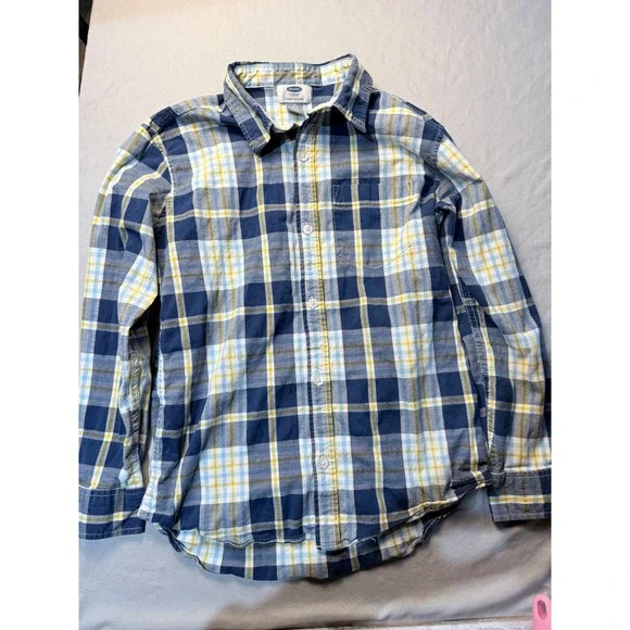 Old Navy Boys Blue Yellow Plaid‎ Button Down Shirt Long Sleeve Stretch