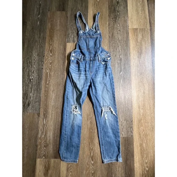 Old Navy Denim Overalls Kids L (10-12)‎ Blue Distressed Bib Straight Leg