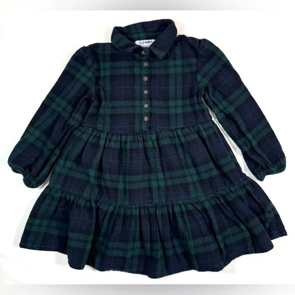 OLD NAVY Girls Plaid Flannel Tiered‎ Dress 4T Green Navy Blackwatch Preppy Fall
