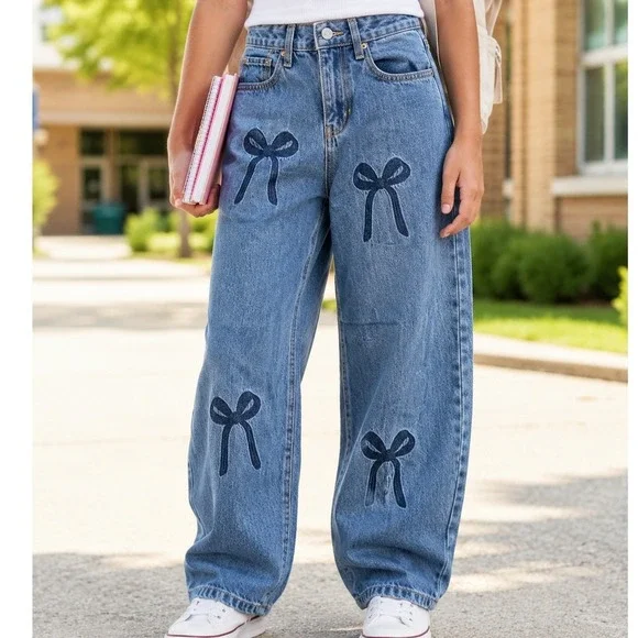 Old Navy Girls 12 Mid Rise Baggy Barrel Leg Jeans Blue Bow Print Coquette Denim