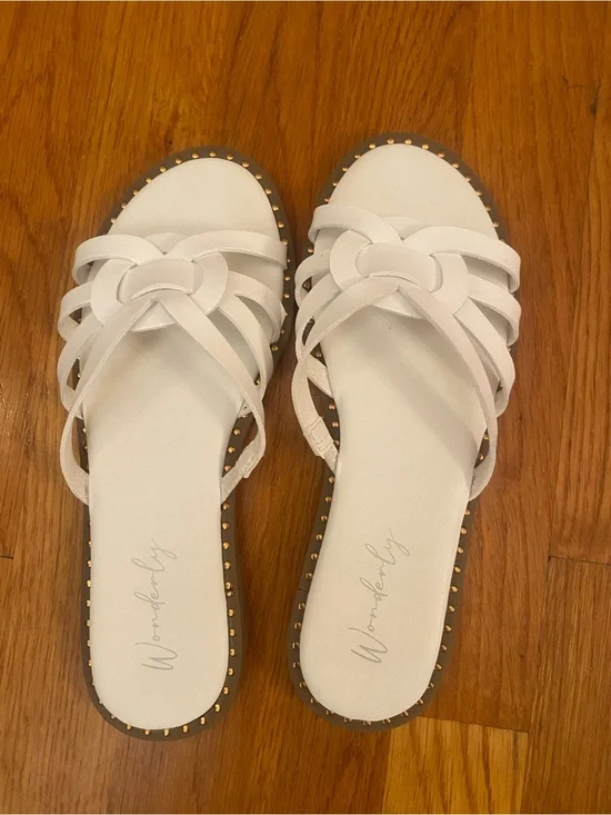Wonderly White Braided Knot Slide Sandals with Gold Stud Edge