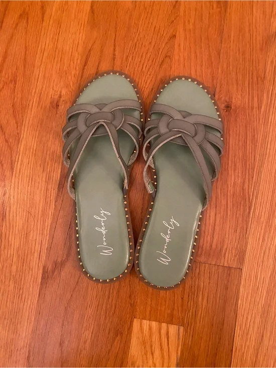 Wonderly Olive Braided Slide Sandals with Gold Stud Trim