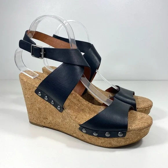 Lucky Brand Missy Black Leather Strappy Studded Cork Platform Wedge Sandals 10