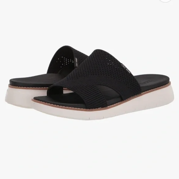 Cole Haan Zerogrand Global Stitchlite Slip On Sandal BLACK Knit/Pecan Leather