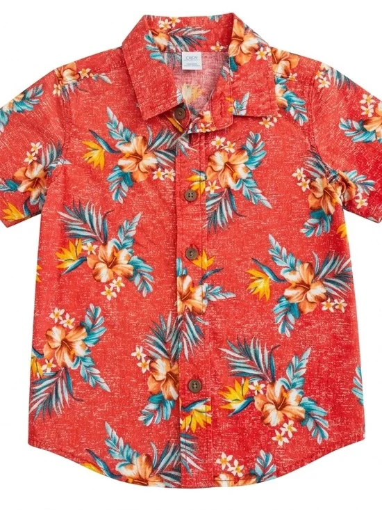 Old Navy Boys 3T Red Tropical Floral Hawaiian Short Sleeve Button Down