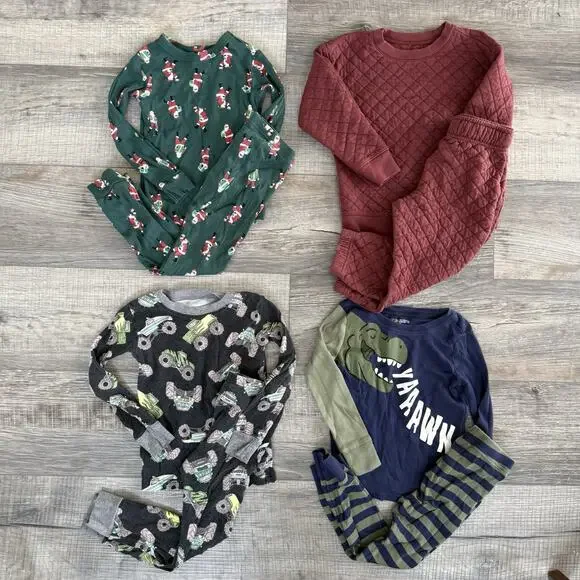 Lot 4 Toddler Boy Pajama Set 3T Dinosaurs Monster Truck Santa Christmas Quilted