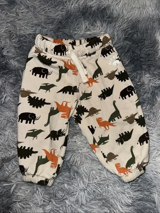 Old Navy Cream Sweatpants with Green, Black & Orange Dino Print