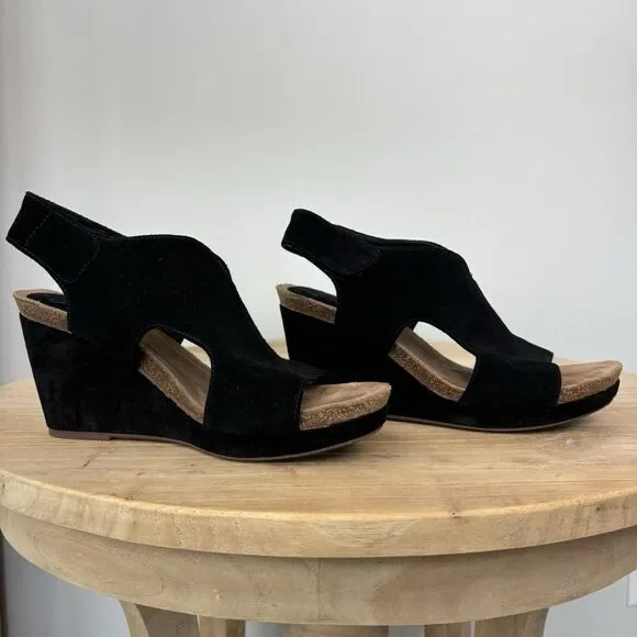 Sofft Leather Suede Wedge Sandals Black 9 Open Toe Capsule Comfort Casual Chloee